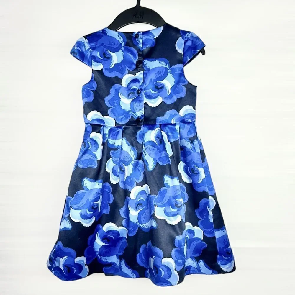 JANIE and JACK Blue Blossom Floral Satin Formal Dress Cap Sleeves Bow Detail 4